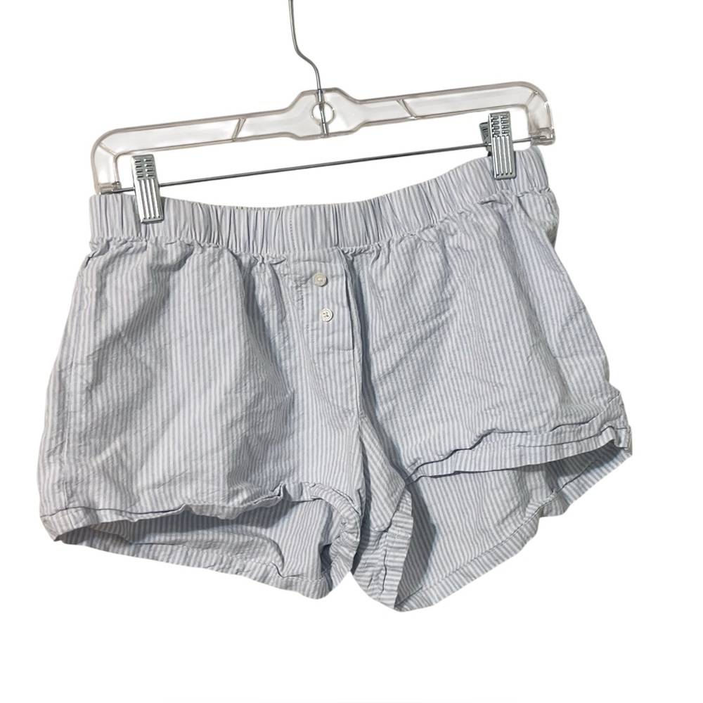 Brandy Melville Light Blue and White Striped Women's Boxer Shorts One Size EUC